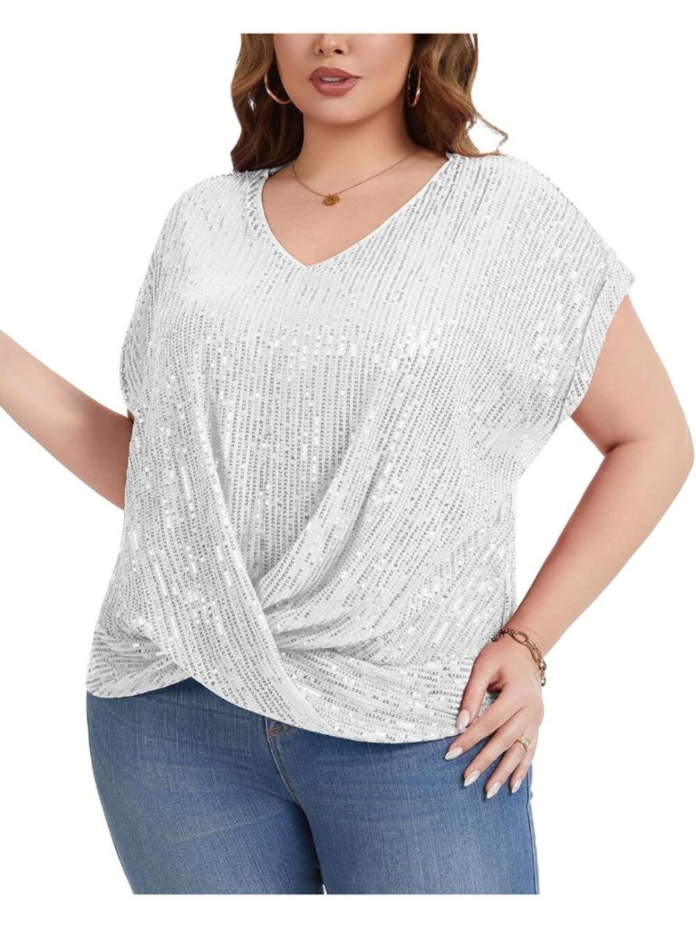 Women's Silver Sequin Top Short Batwing Sleeve V Neck Shirts Elegant Blouses - Picture 4 of 6